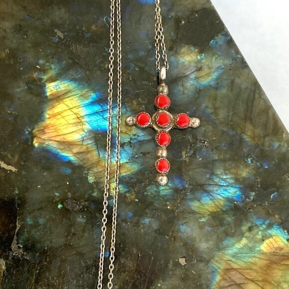 VTG Sterling Silver 925 Southwest Coral Multi Stone Cross Pendant Necklace 16" - Picture 1 of 16